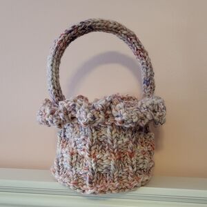 Handmade Knit Basket With Ruffle Pink Purple And Cream